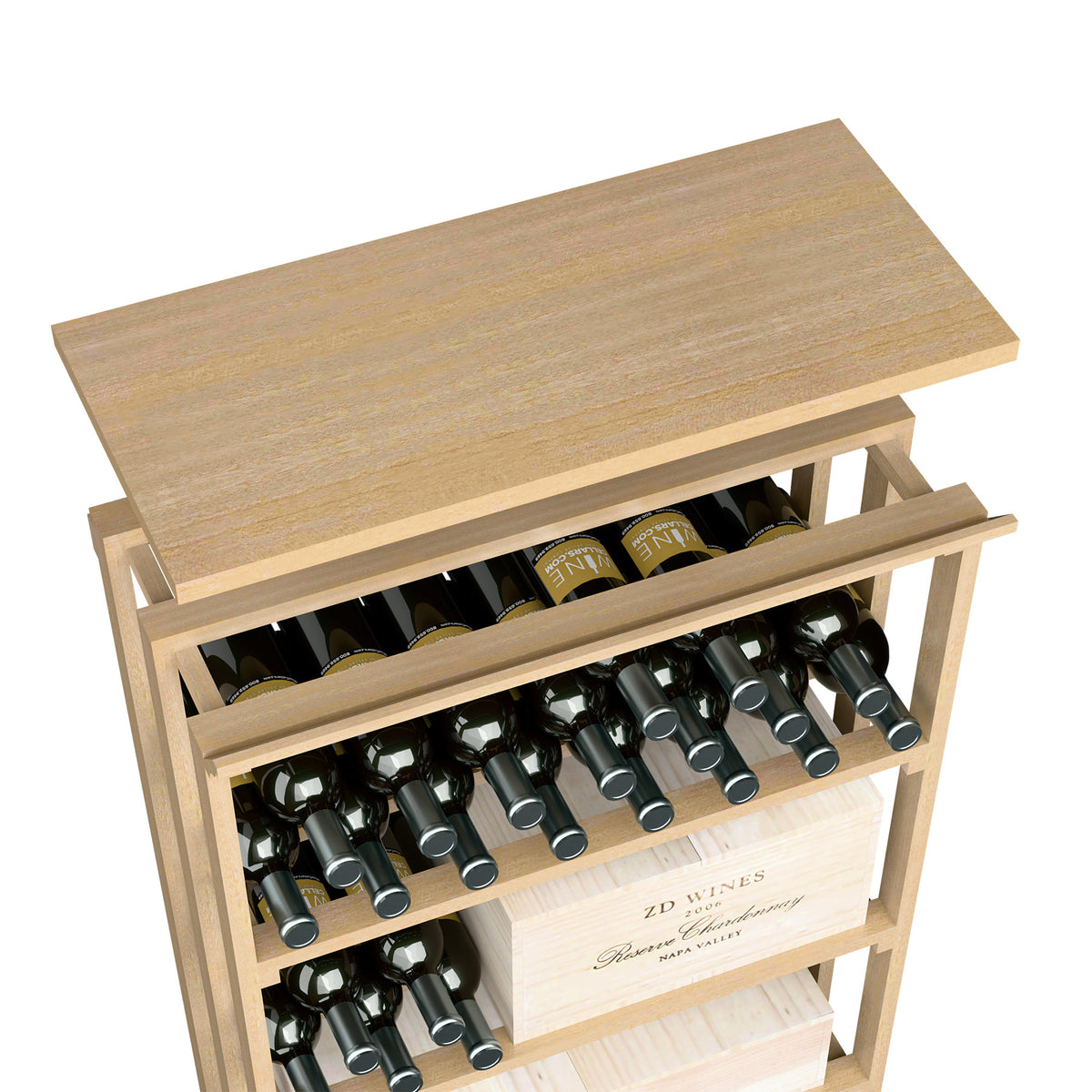Light wood top shelf for rec bin storage rack with wine bottles and crates