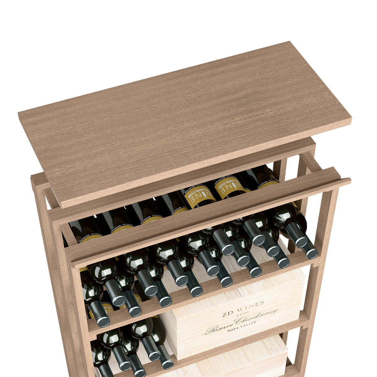 Warm brown wood top shelf for rec bin storage rack with wine bottle slots