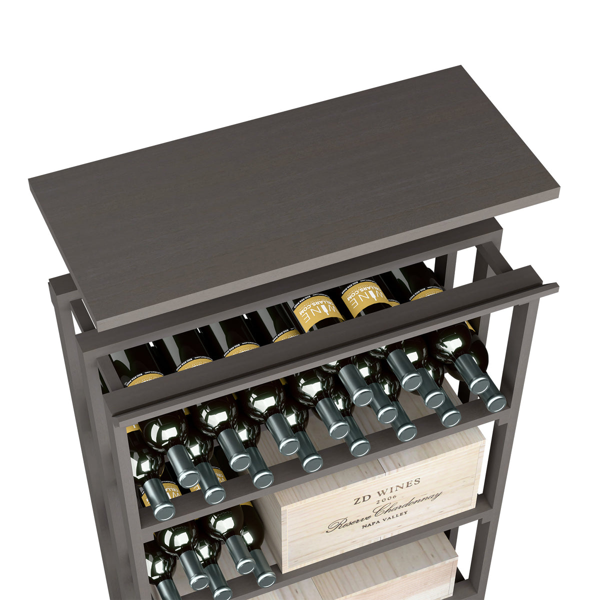 Dark grey wood top shelf for rec bin storage rack with bottle compartments