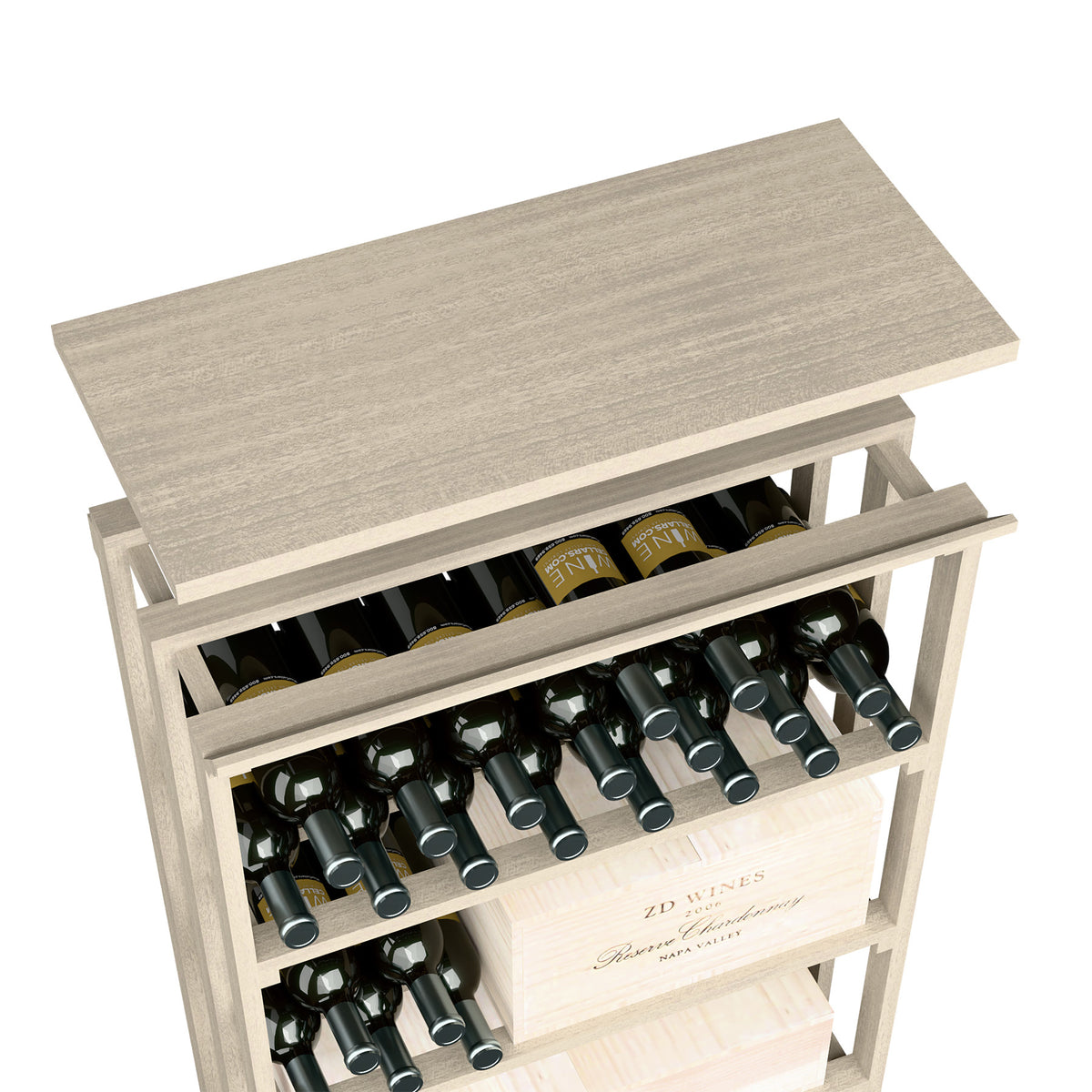 Wooden top shelf insert for recycling bin, light grey top with storage slots