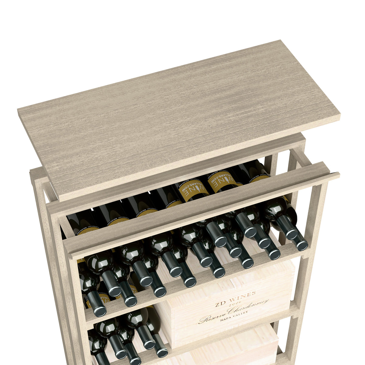 Wooden top shelf insert for recycling bin, light grey top over front storage rack