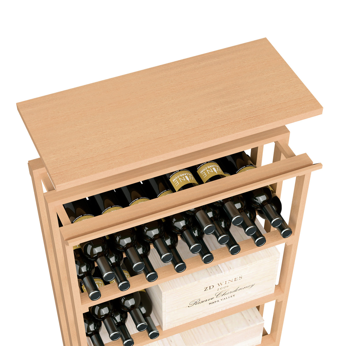 Wooden top shelf insert for recycling bin, light wood top with open storage compartments