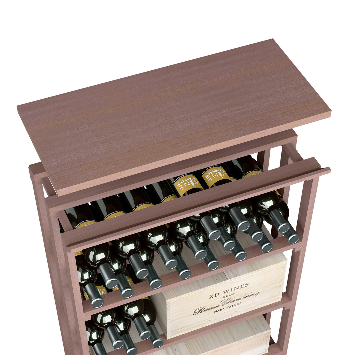 Wooden top shelf insert for recycling bin, dark brown top with front storage rack