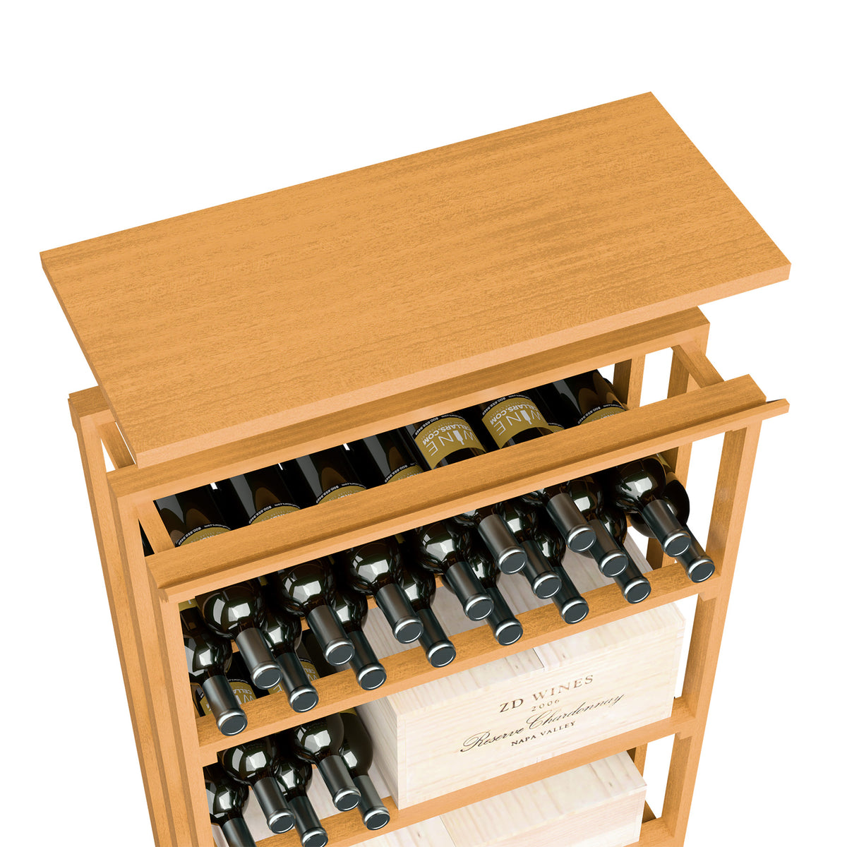 Wooden top shelf insert for recycling bin, warm light wood top with front storage bins