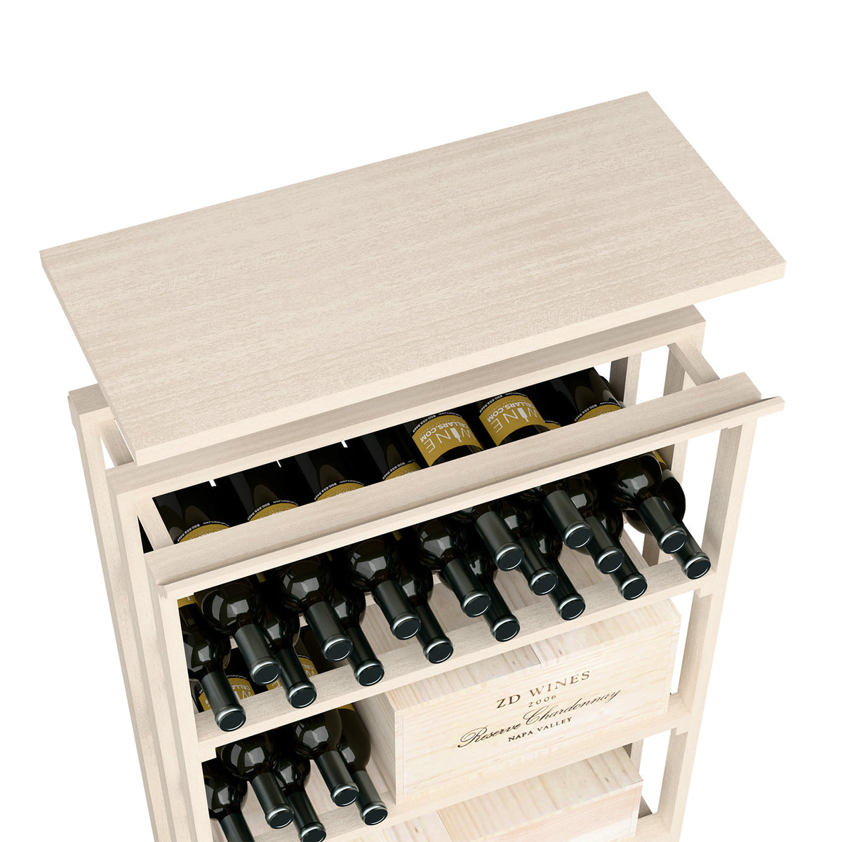 Wooden top shelf insert for recycling bin, pale grey top with bottle-filled compartments