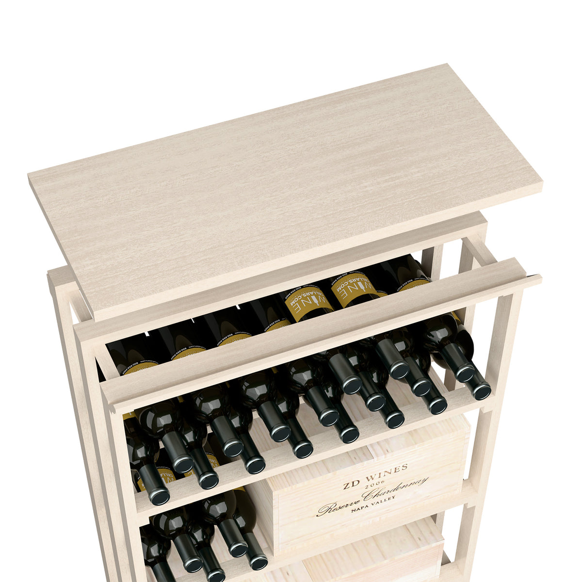 Wooden top shelf insert for recycling bin, pale grey top with front storage rack