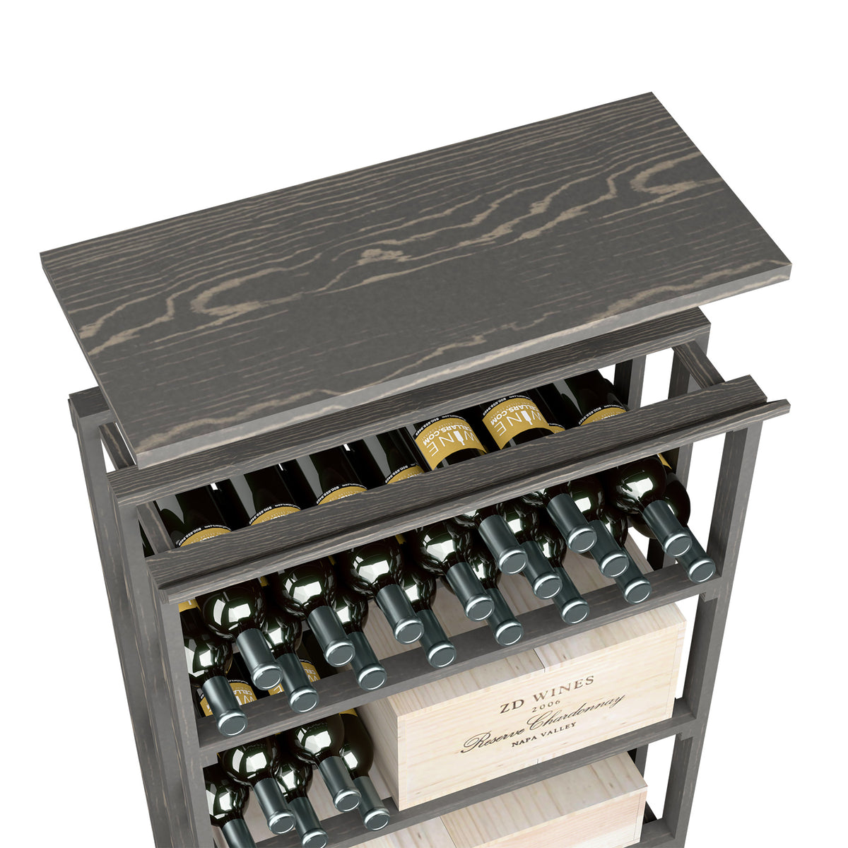 Dark wood top shelf wine rack with open bottle slots and front row bottles inside.