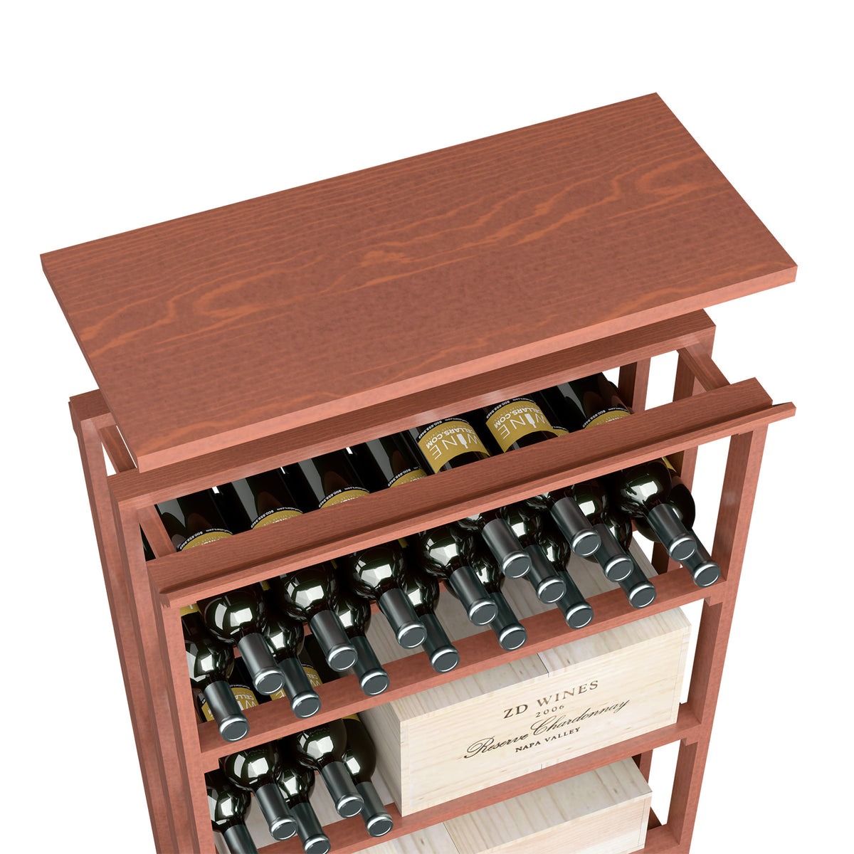 Red wood top shelf wine rack with front bottle rows and top shelf panel.