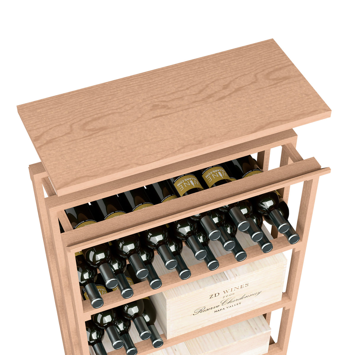 Light wood top shelf wine rack with open bottle slots and rows of wine bottles.