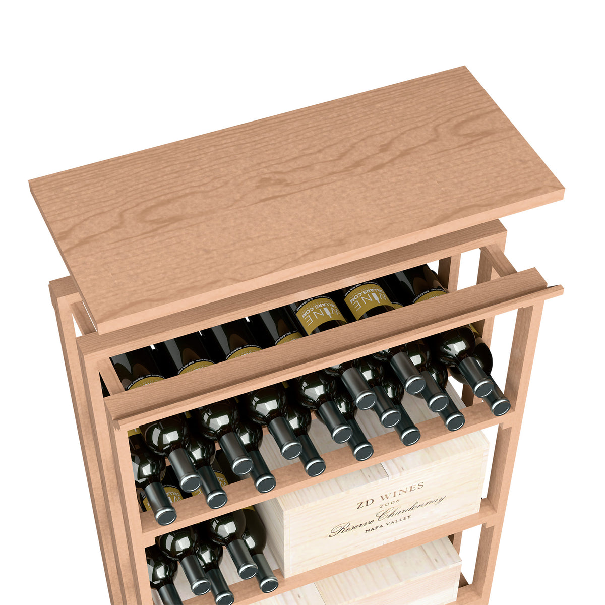 Light wood top shelf wine rack with bottle storage shelves and front bottle lineup.