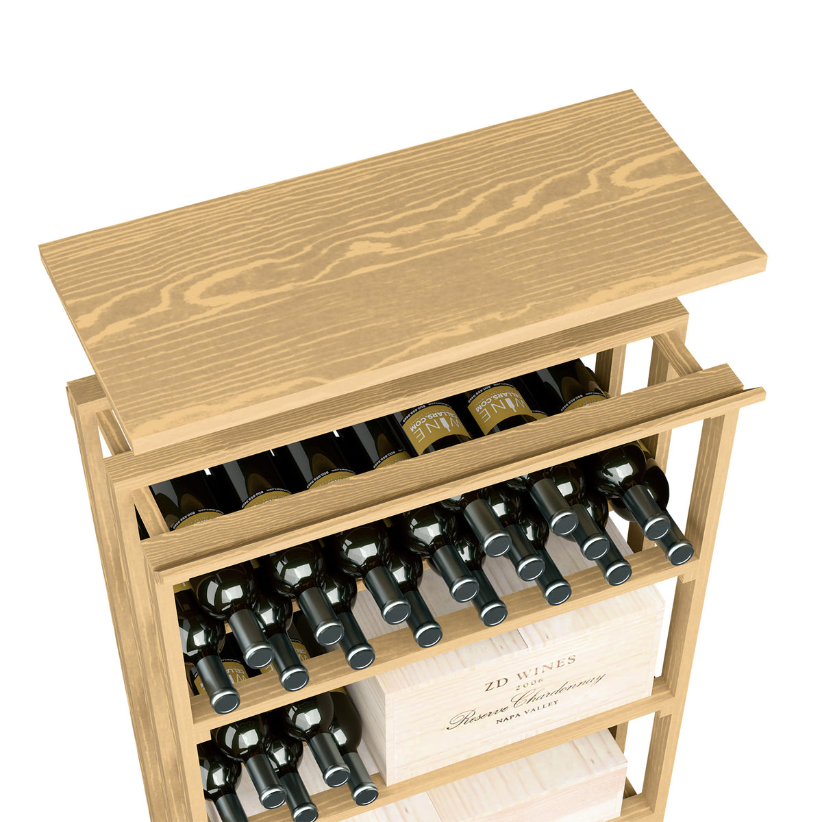 Natural wood top shelf wine rack with open compartments and bottle rows below.