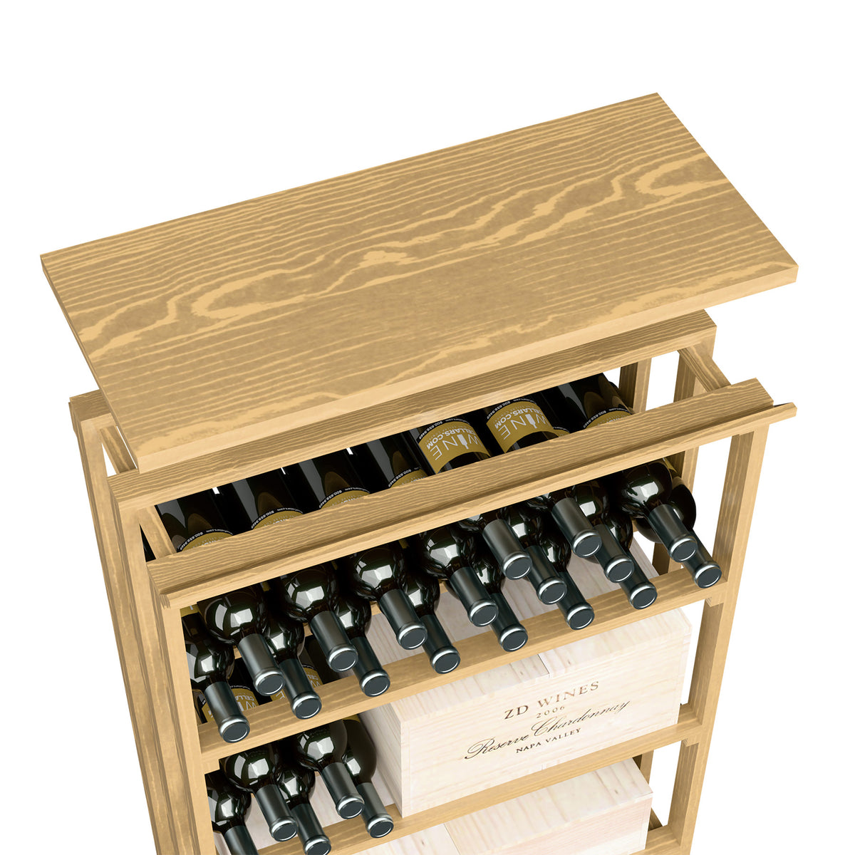 Natural wood top shelf wine rack showing open bottle slots and wine bottles inside.