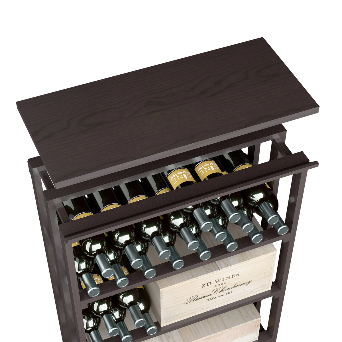 Dark brown wood top shelf wine rack with open bottle storage and front bottle rows.