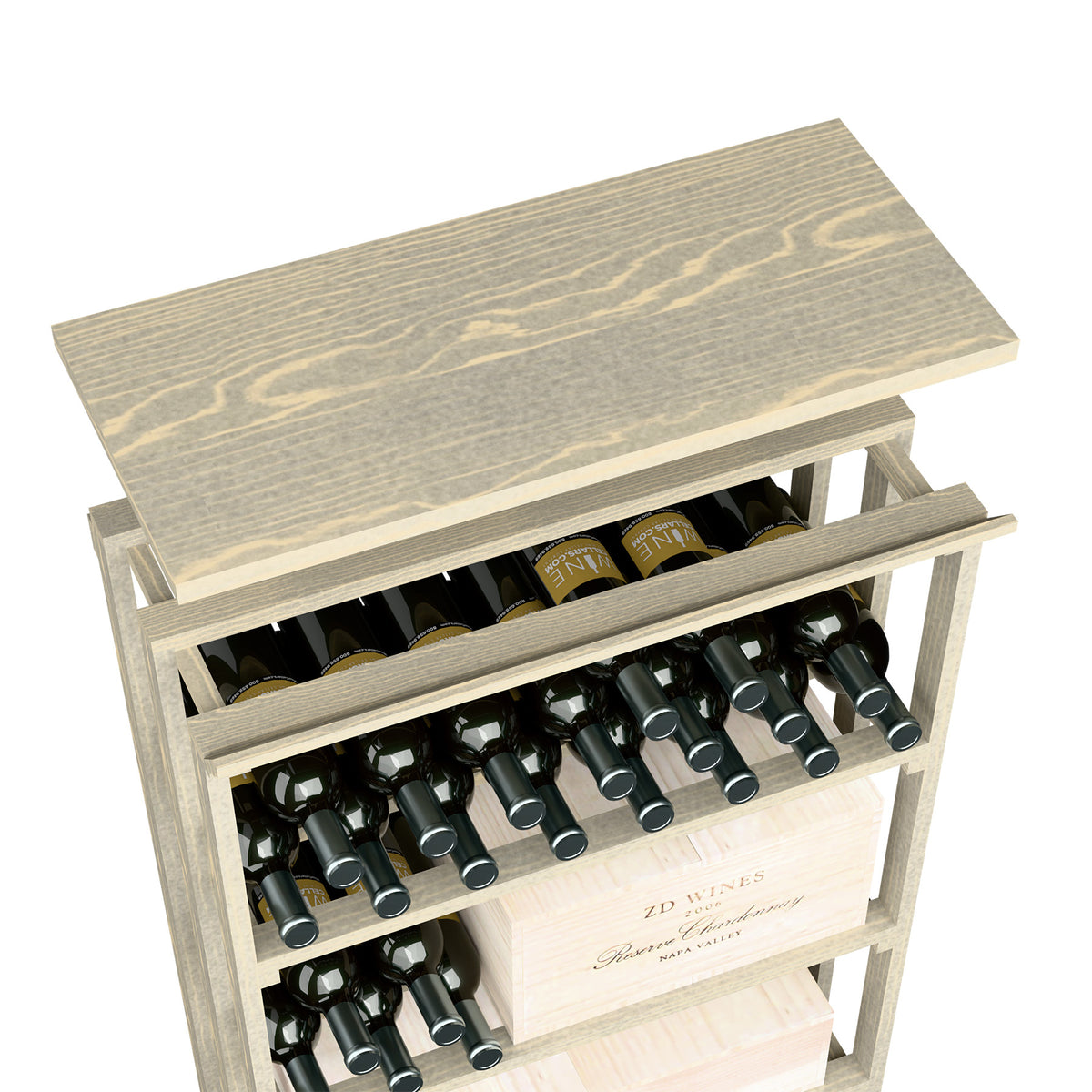Gray wood top shelf insert for rec bin with open bottle storage rails
