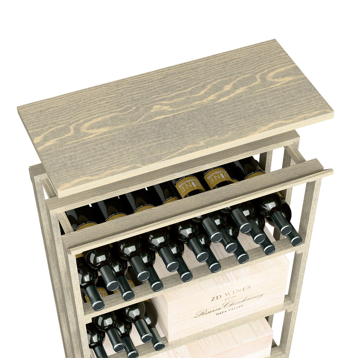 Gray stained wood rec bin top shelf insert with two open rows of bottles