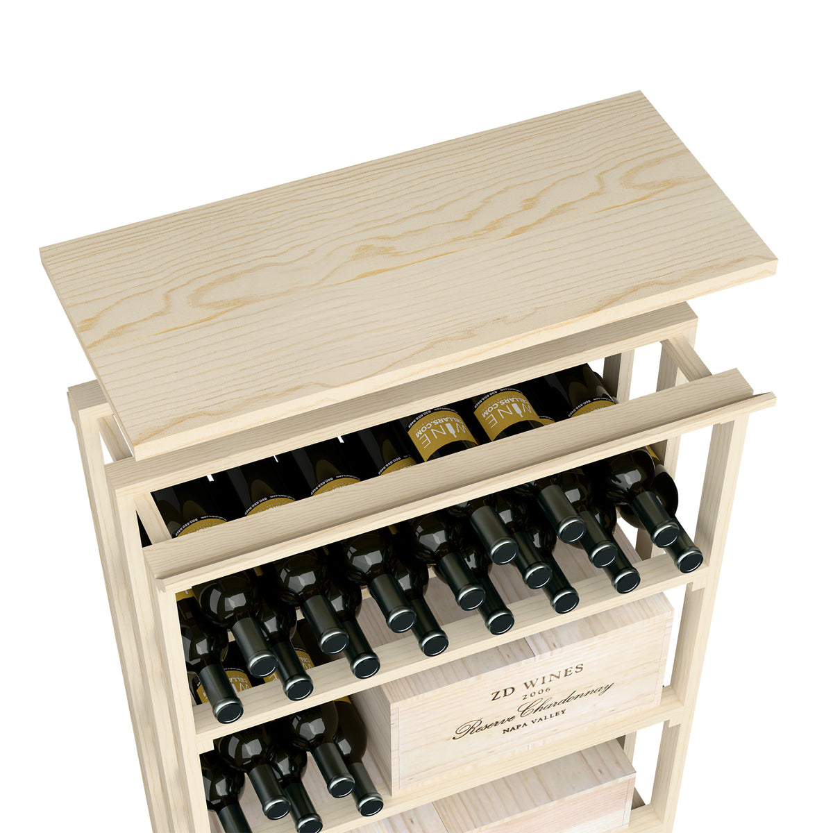Natural wood top shelf insert for rec bin with open bottle storage slots