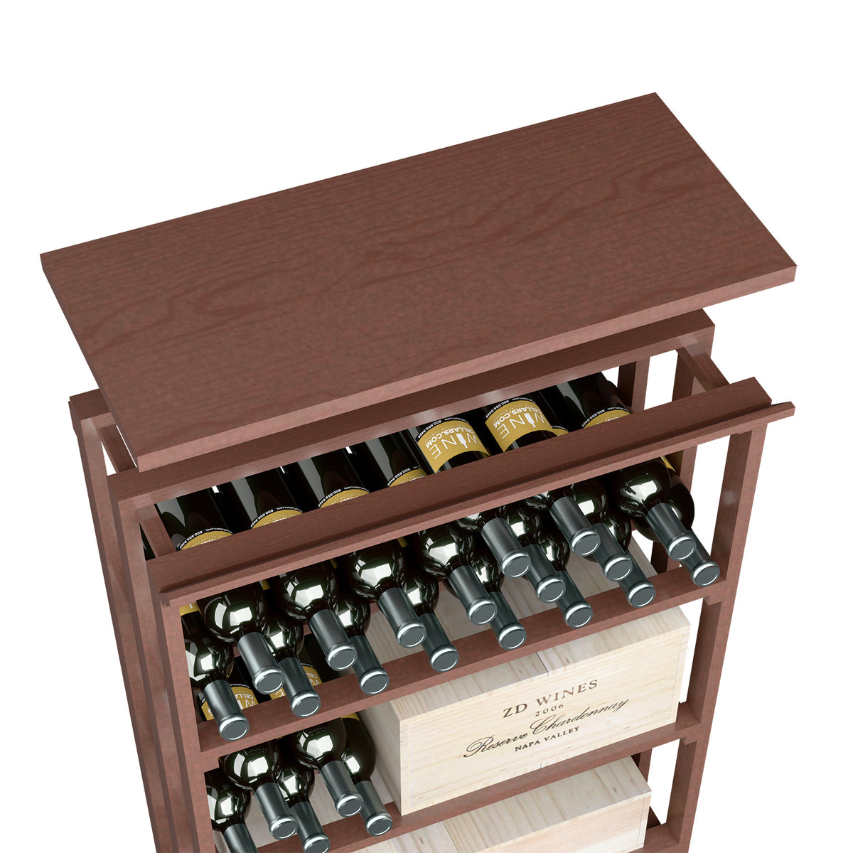 Espresso-style brown rec bin top shelf insert with stacked bottle bottle holders