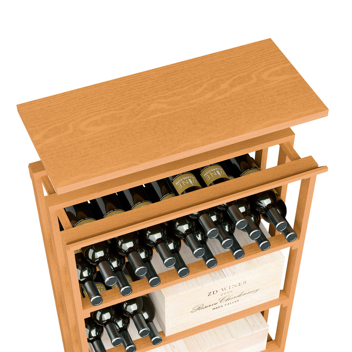 Orange wood top shelf insert for rec bin with open bottle storage rails