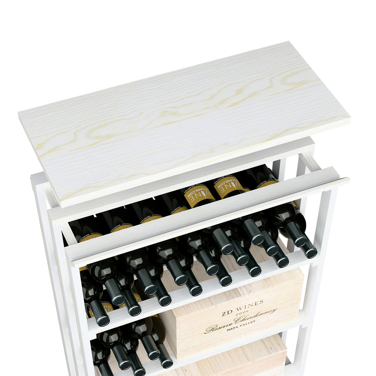White wood top shelf insert for rec bin with open bottle storage rails