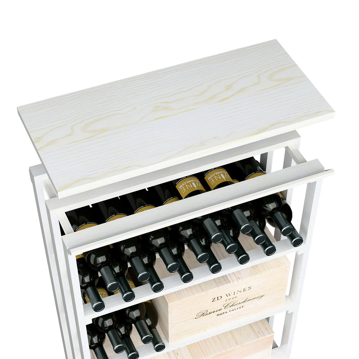 White stained top shelf insert for rec bin with open compartments for bottles