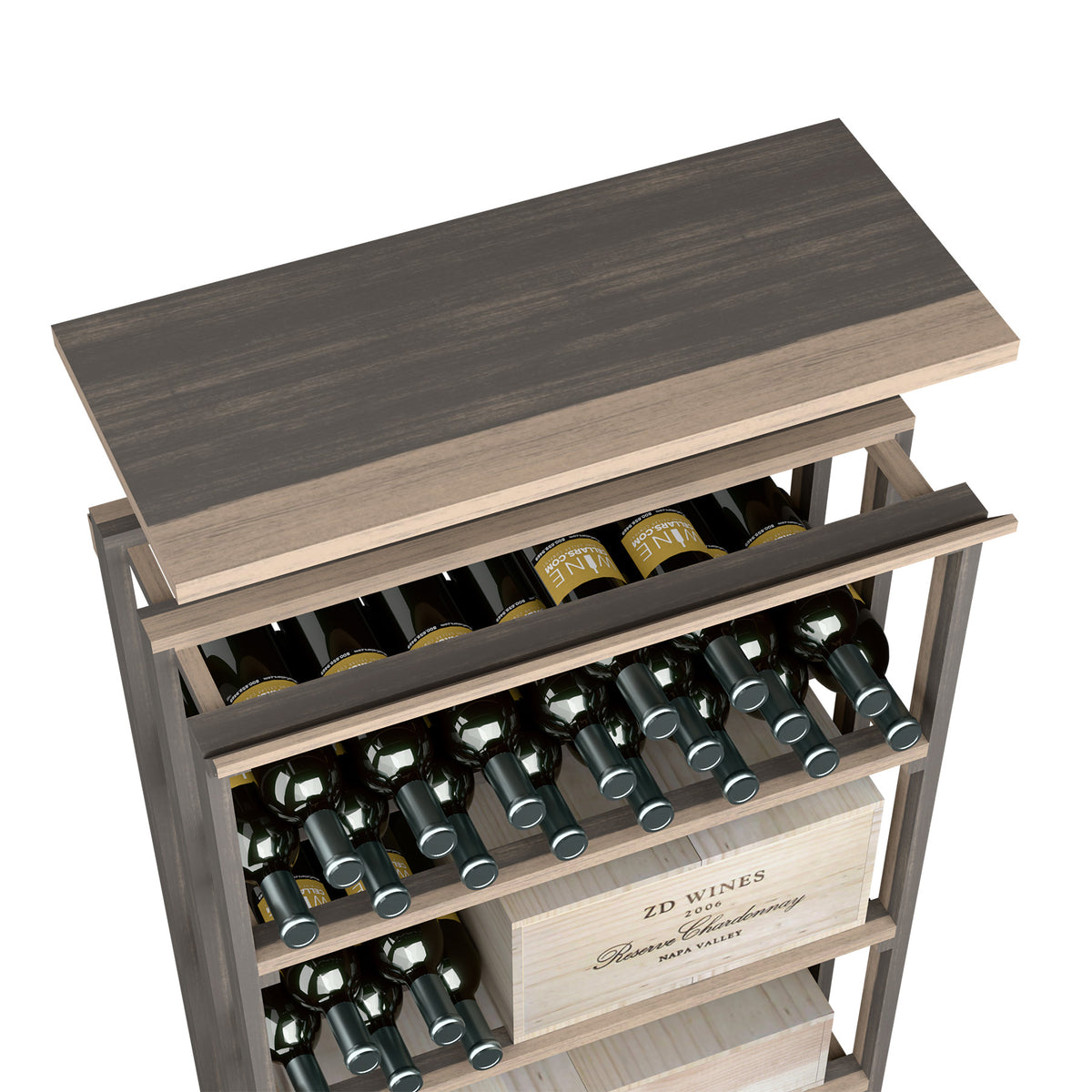 Wood wine storage unit with dark top shelf, front bottle shelves, and open frame