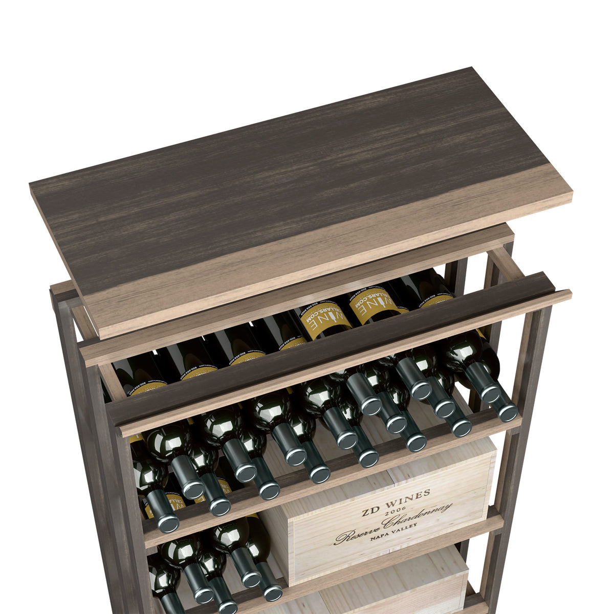 Dark-stained top shelf wine storage rack with open shelves for bottles and front row