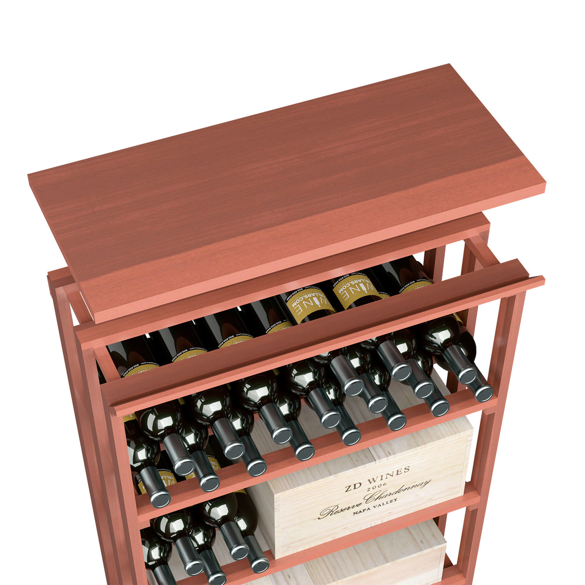 Red wood wine storage unit with top shelf and multiple front bottle slots