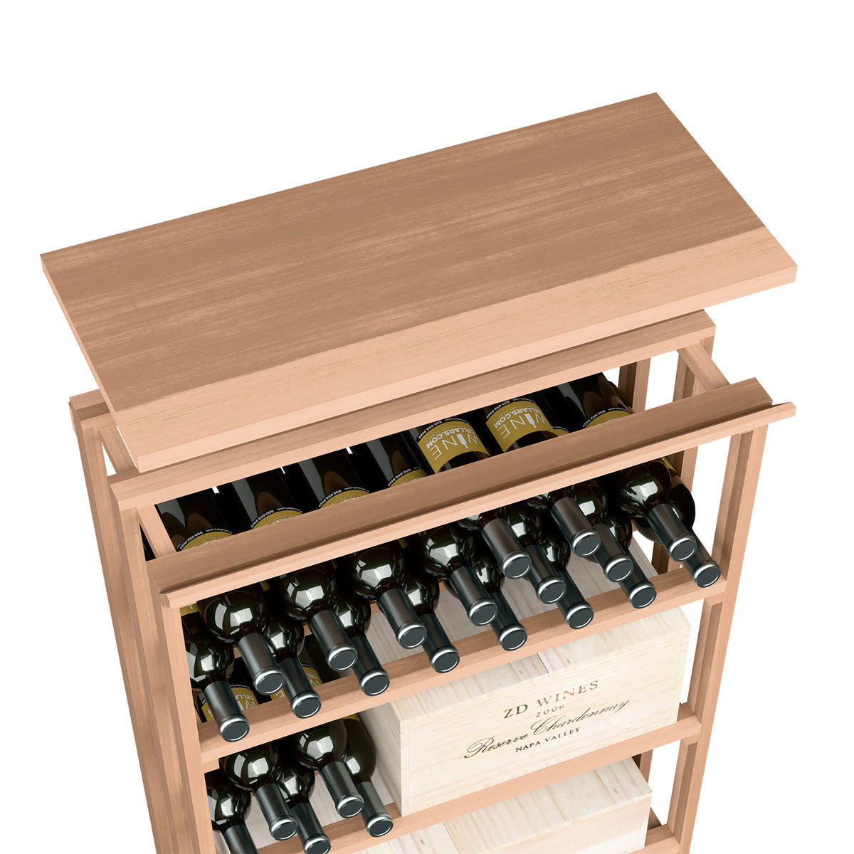Light wood wine storage rack with top shelf and open front shelves for bottles