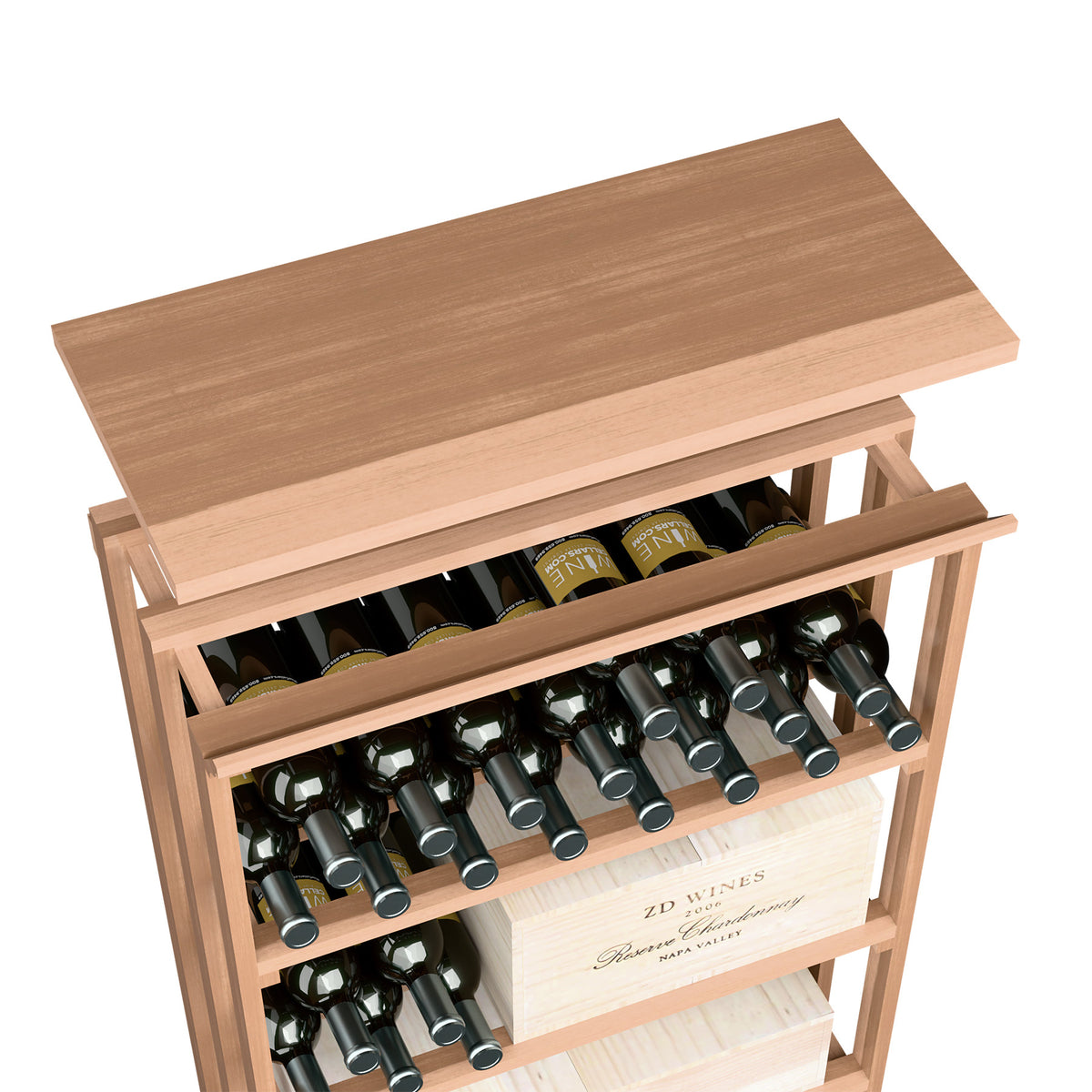 Natural light wood wine storage unit with top shelf and bottle display shelves