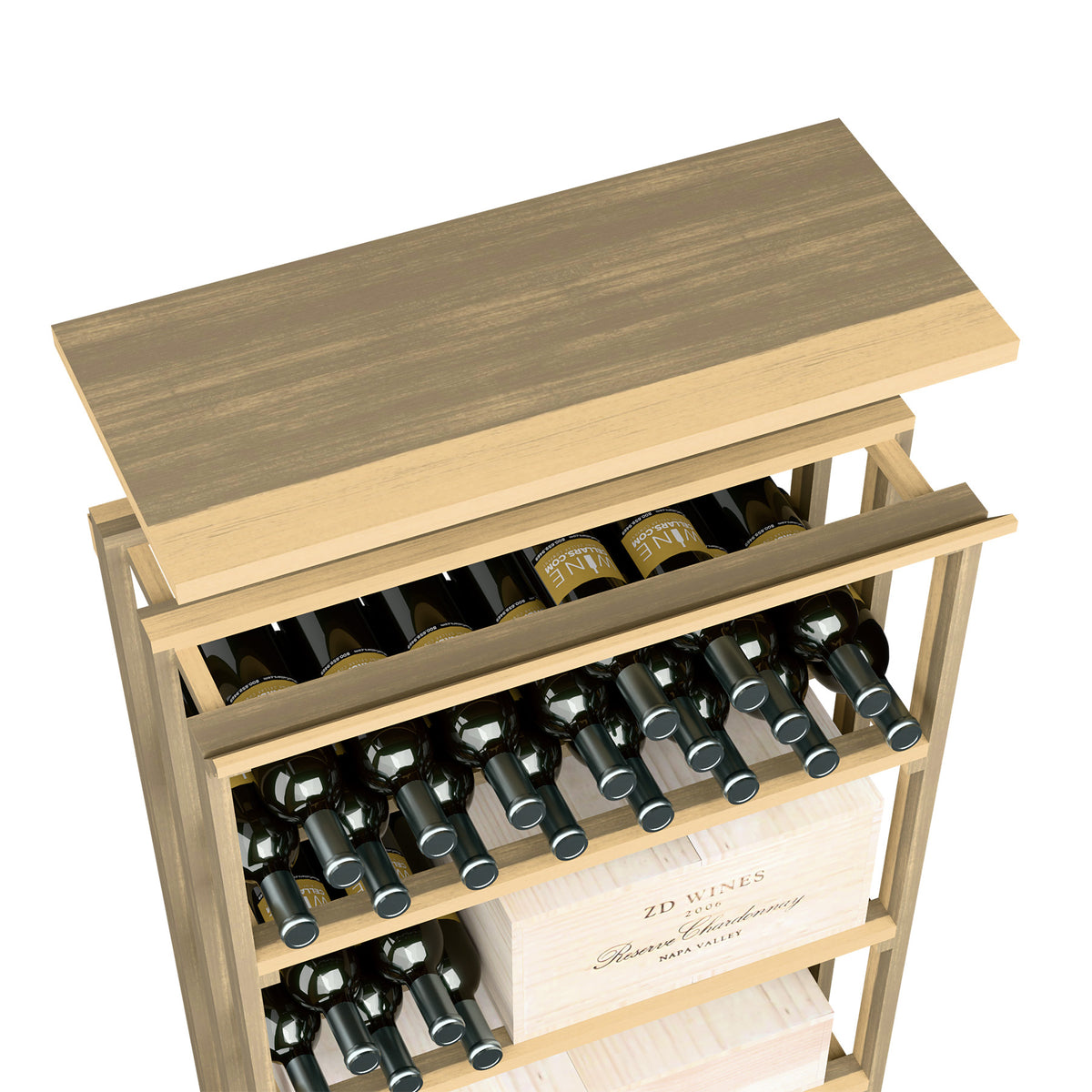 Warm tan wood wine storage rack with top shelf and open bottle shelves