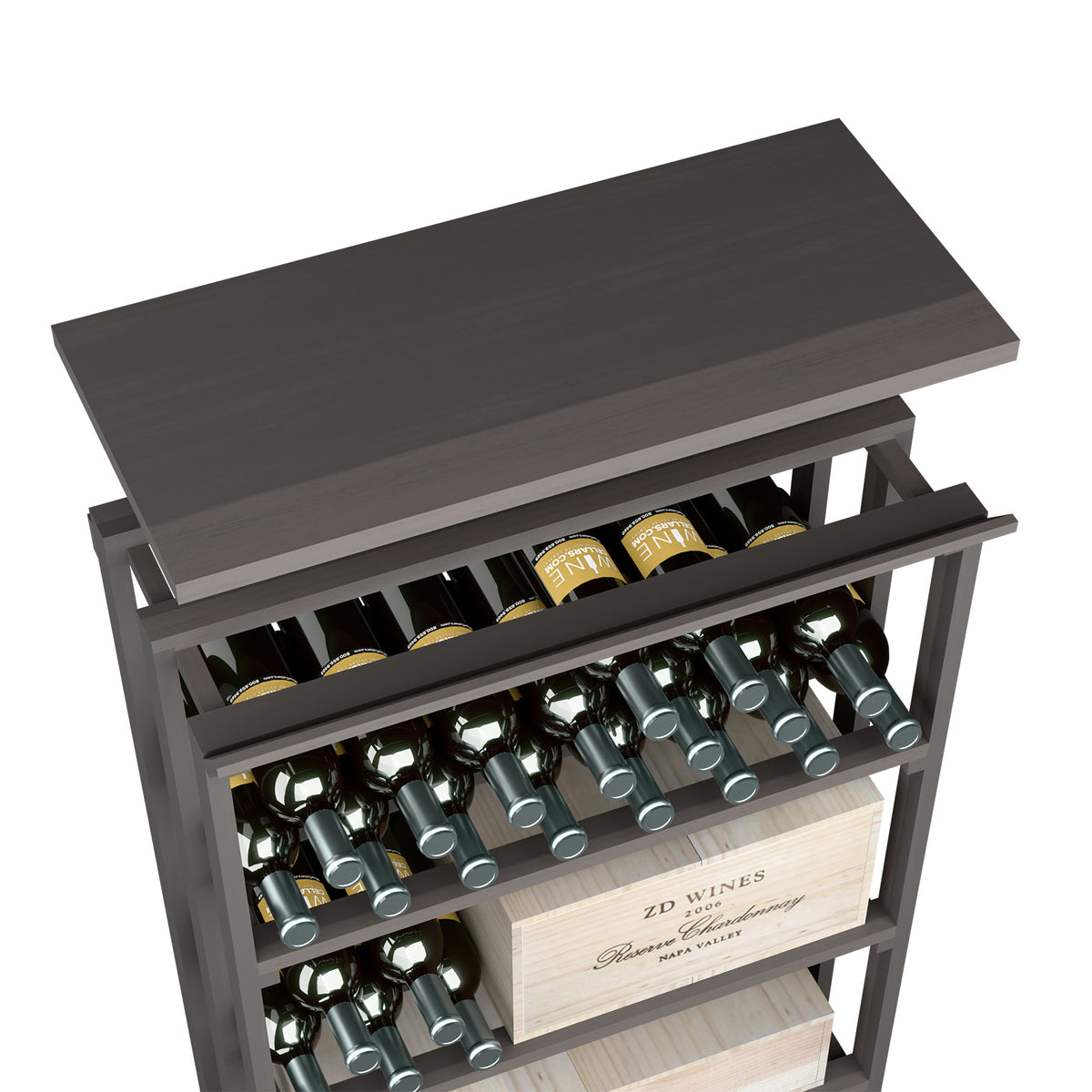 Dark gray wood wine storage rack with top shelf and open front bottle shelves