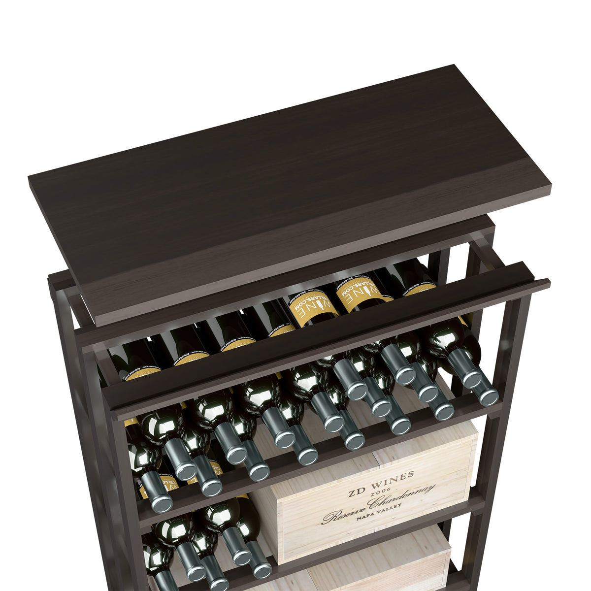Dark brown wood wine storage unit with top shelf and open frame bottle compartments