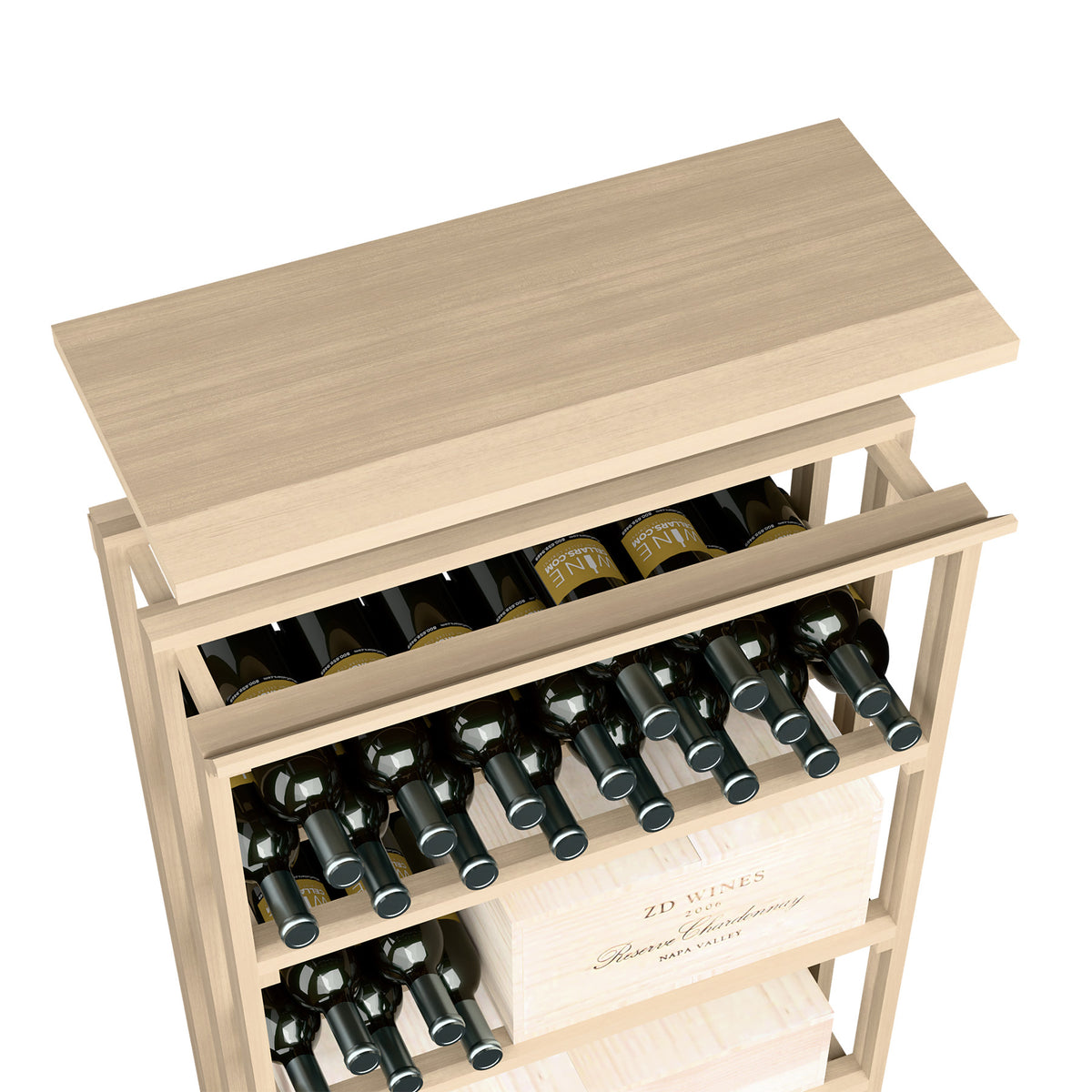 Wood top shelf for rec bin with open bottle rack, light natural finish
