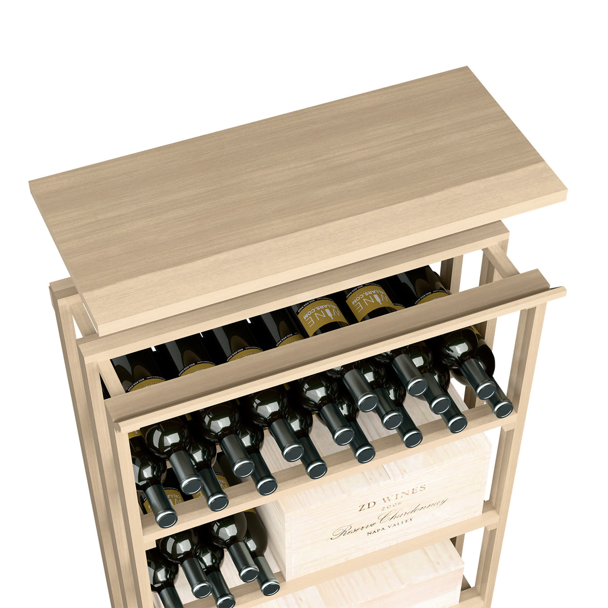 Wood top shelf for rec bin with open bottle rack, light wood finish