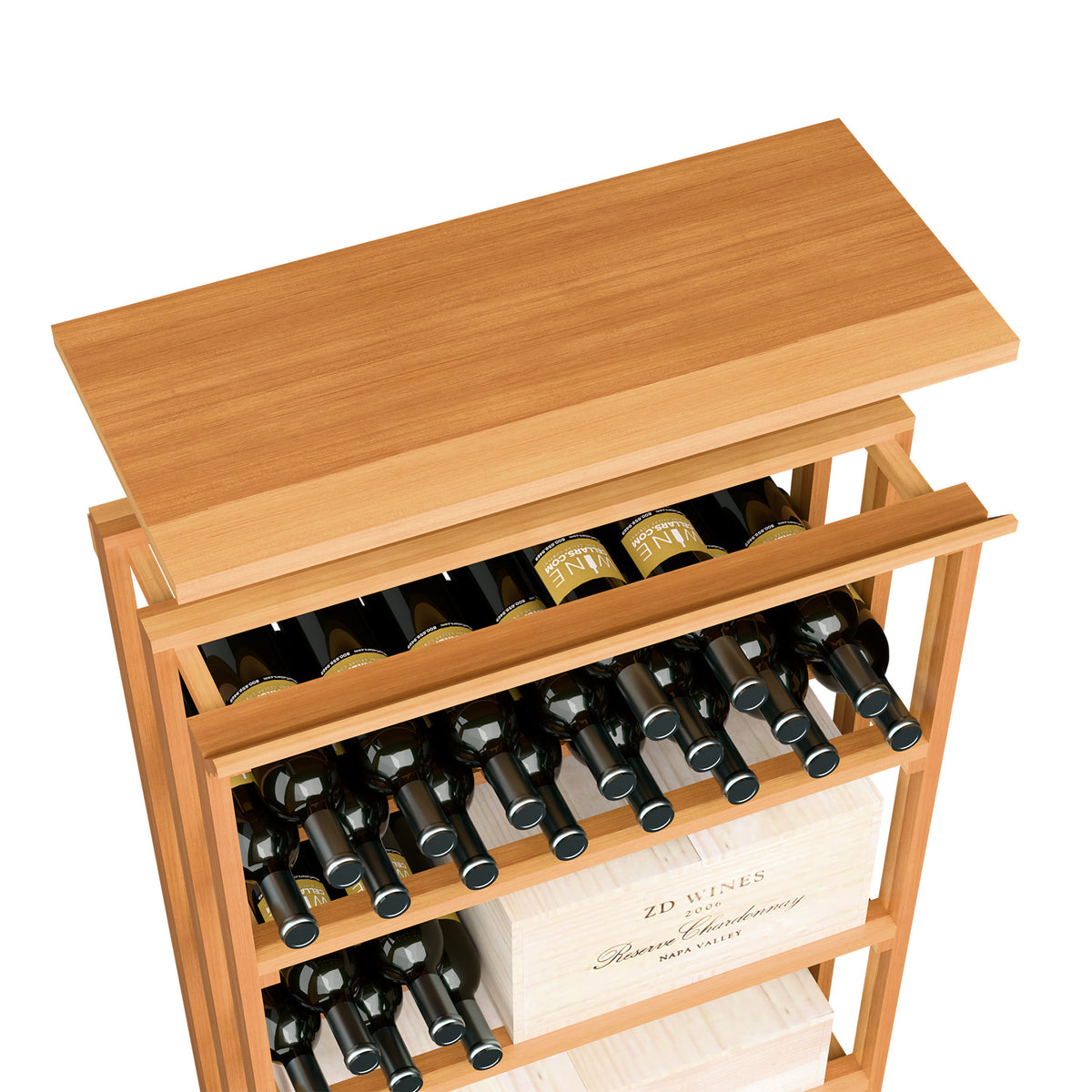 Wood top shelf for rec bin with open bottle rack, warm amber wood finish
