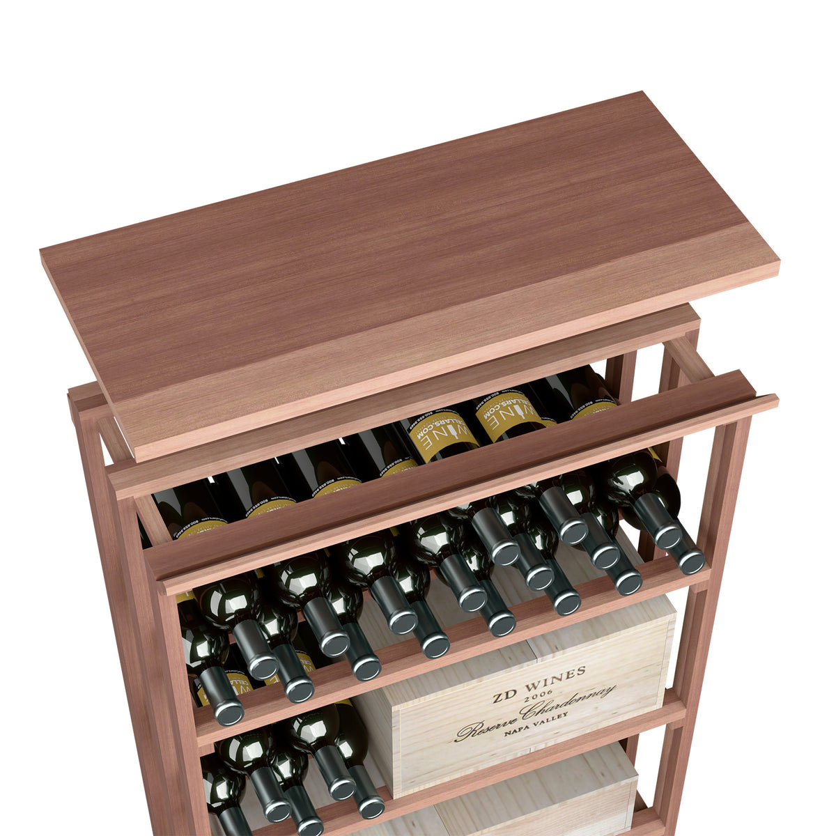 Wood top shelf for rec bin with open bottle rack, dark brown wood finish