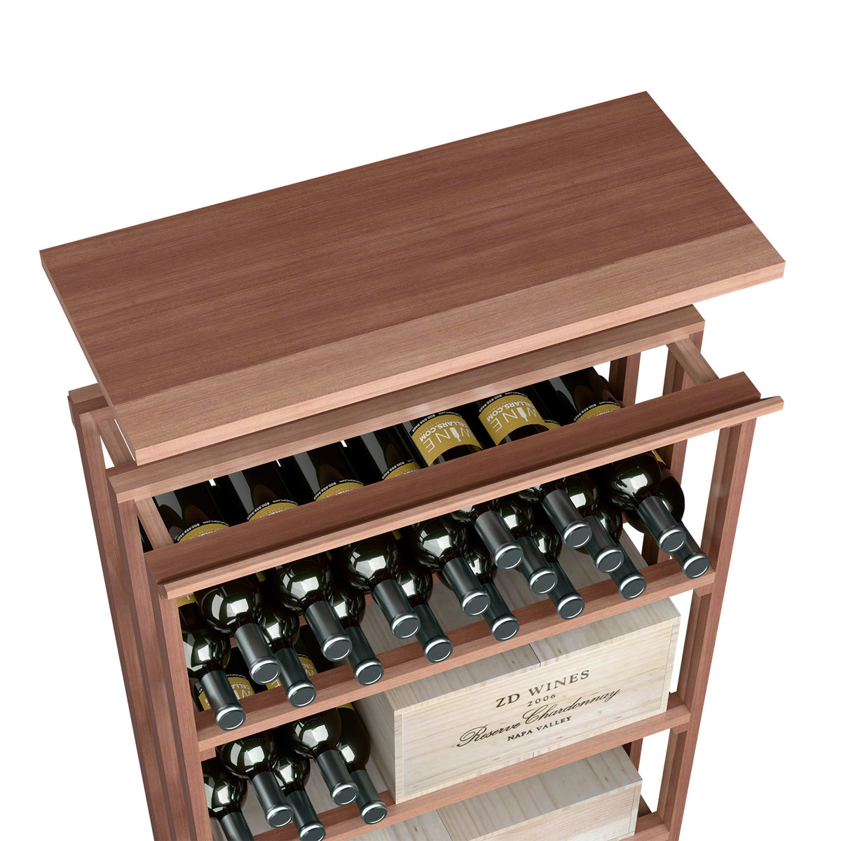Wood top shelf for rec bin with open bottle rack, rich dark wood finish