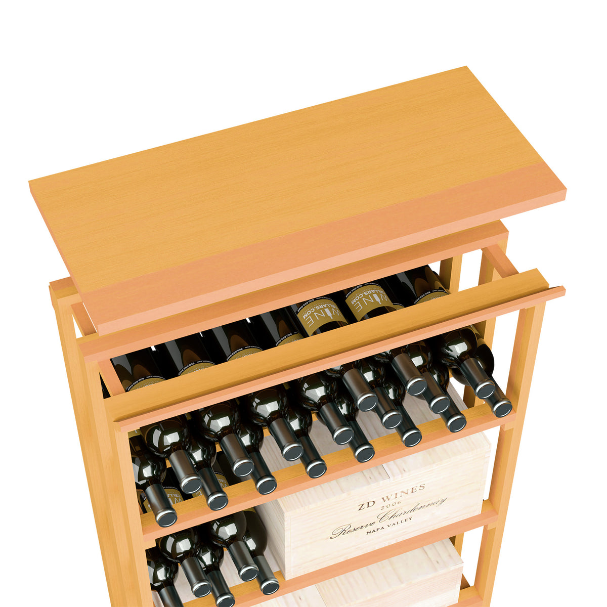 Wood top shelf for rec bin with open bottle rack, light golden wood finish