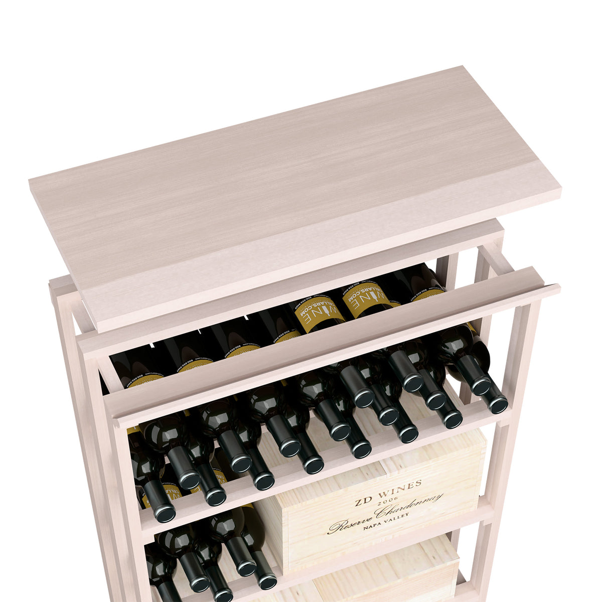 Wood top shelf for rec bin with open bottle rack, light gray-stained finish