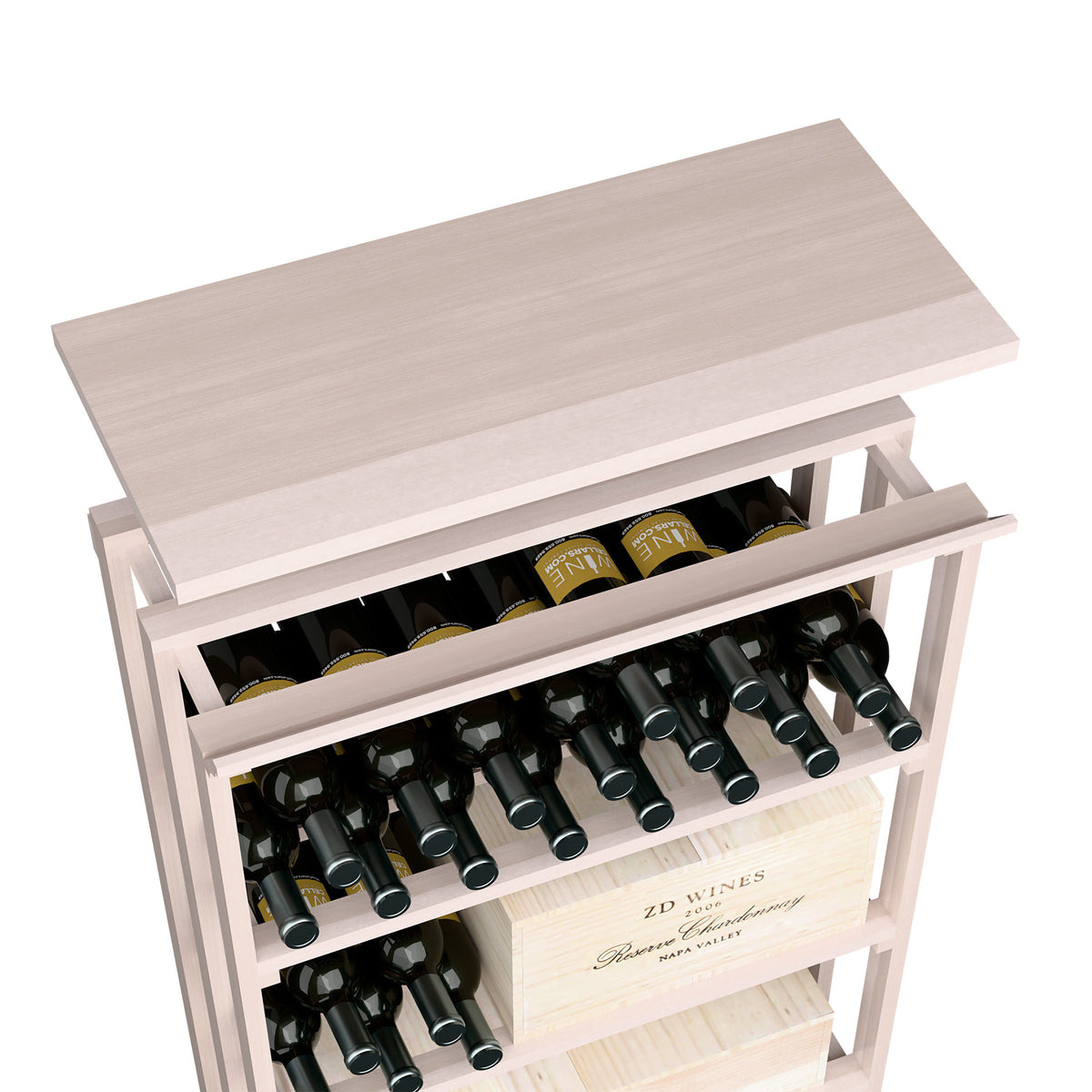 Wood top shelf for rec bin with open bottle rack, white-washed finish