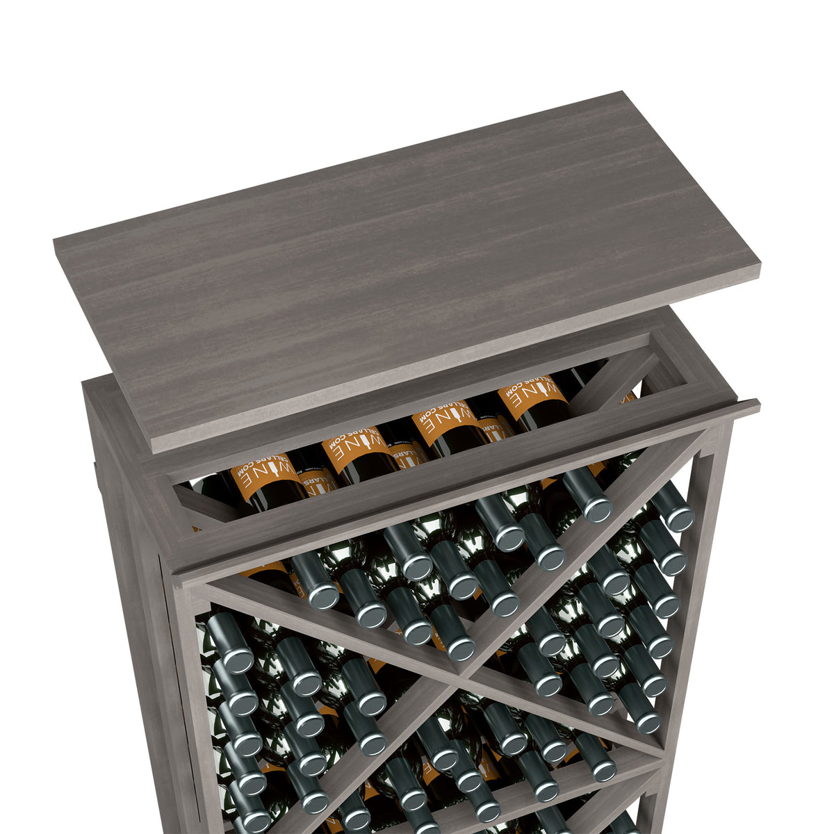 Wine rack top shelf in dark gray wood with rows of wine bottles storage below