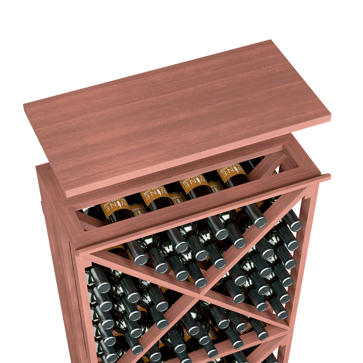 Wine rack top shelf in reddish brown wood with wine bottle rows on open rack