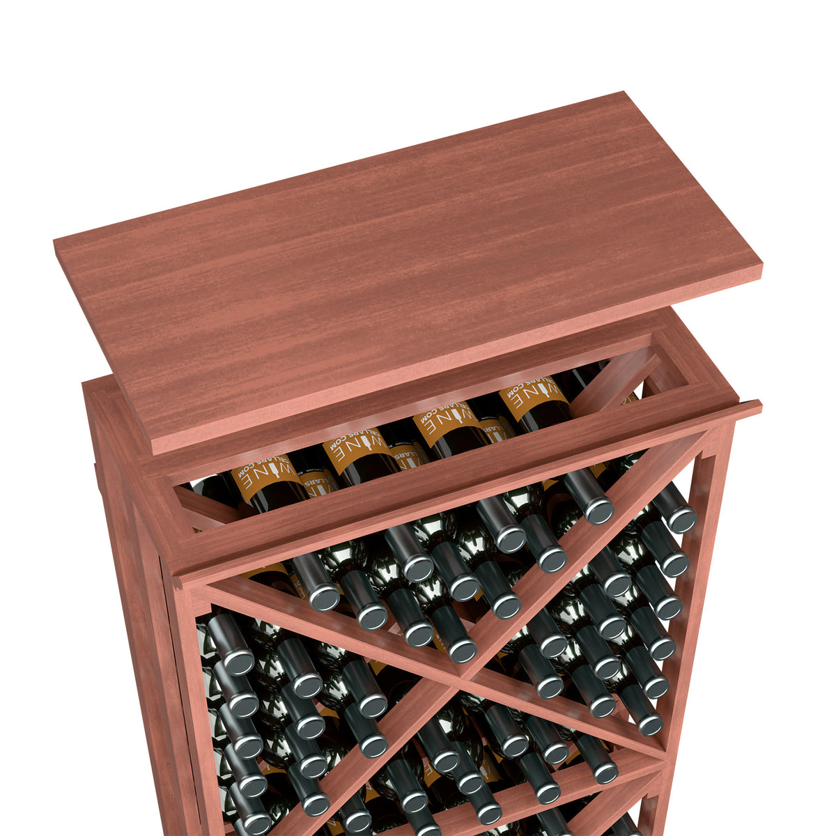 Wine rack top shelf in warm reddish wood with stacked wine bottles and open shelves