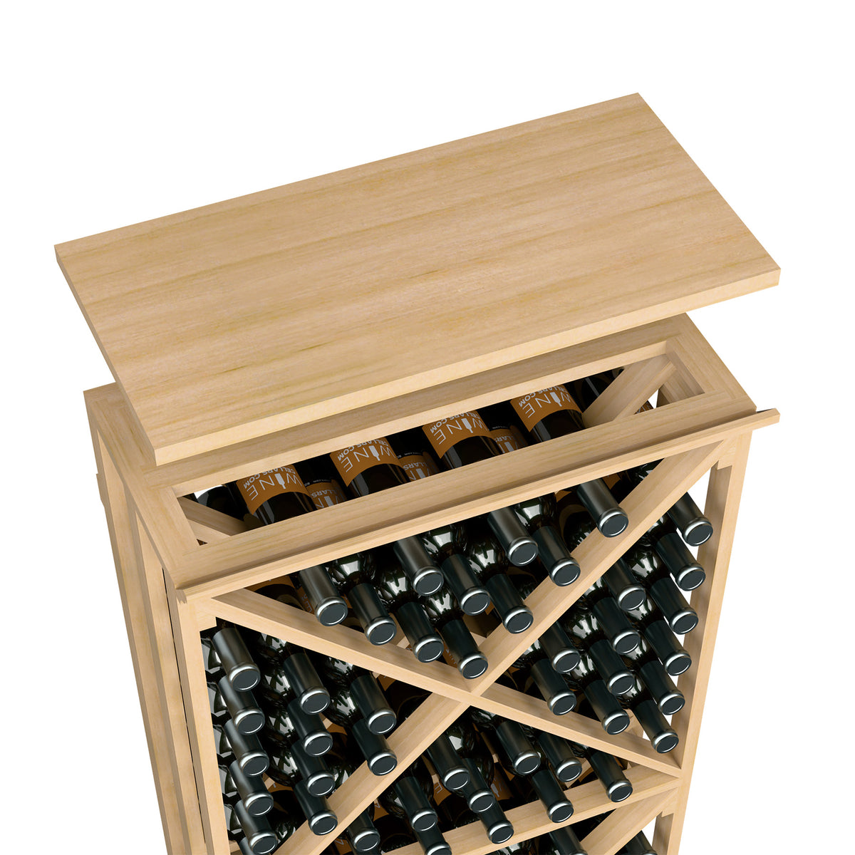 Wine rack top shelf in natural light wood with wine bottle compartments beneath