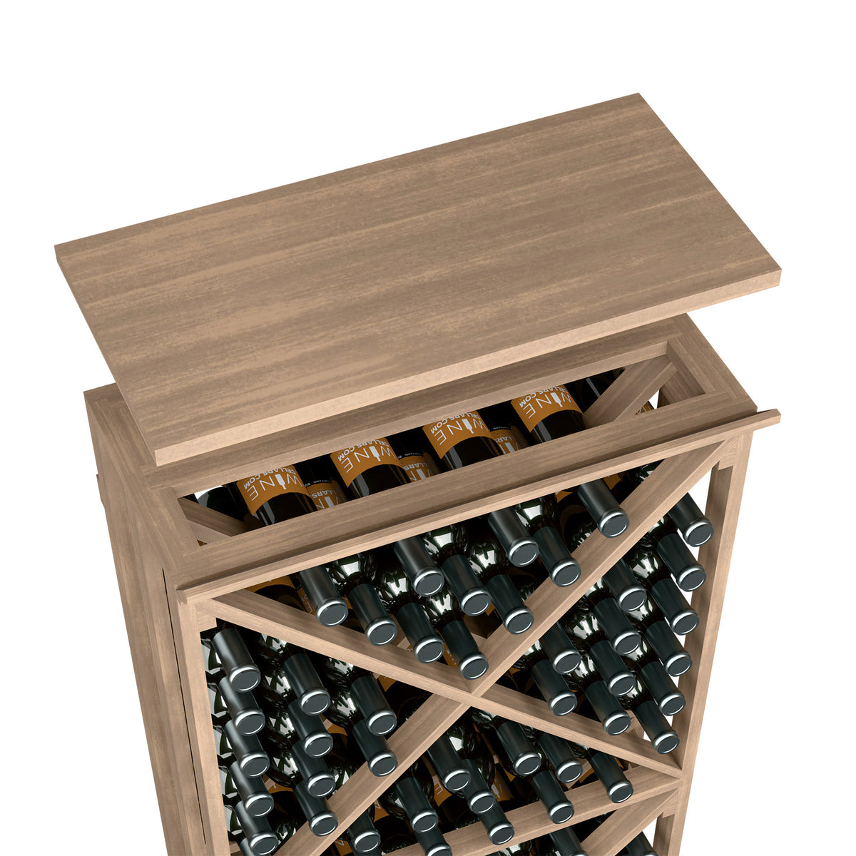 Wine rack top shelf in medium brown wood with wine bottles stored in divided rows