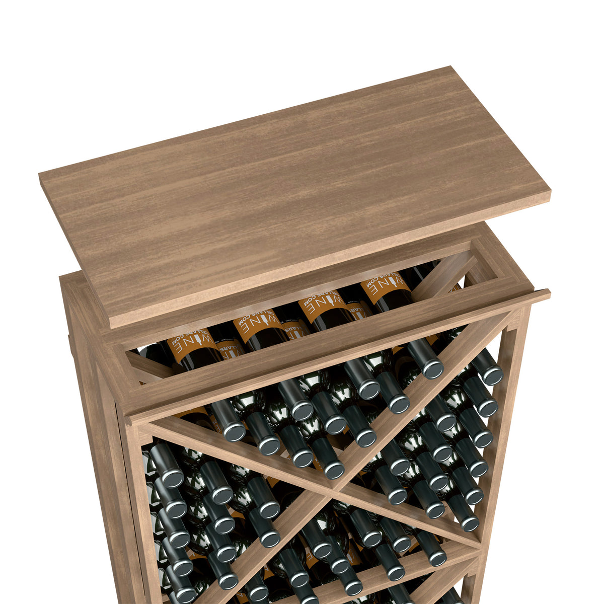 Wine rack top shelf in medium brown wood with open rack sections holding wine bottles