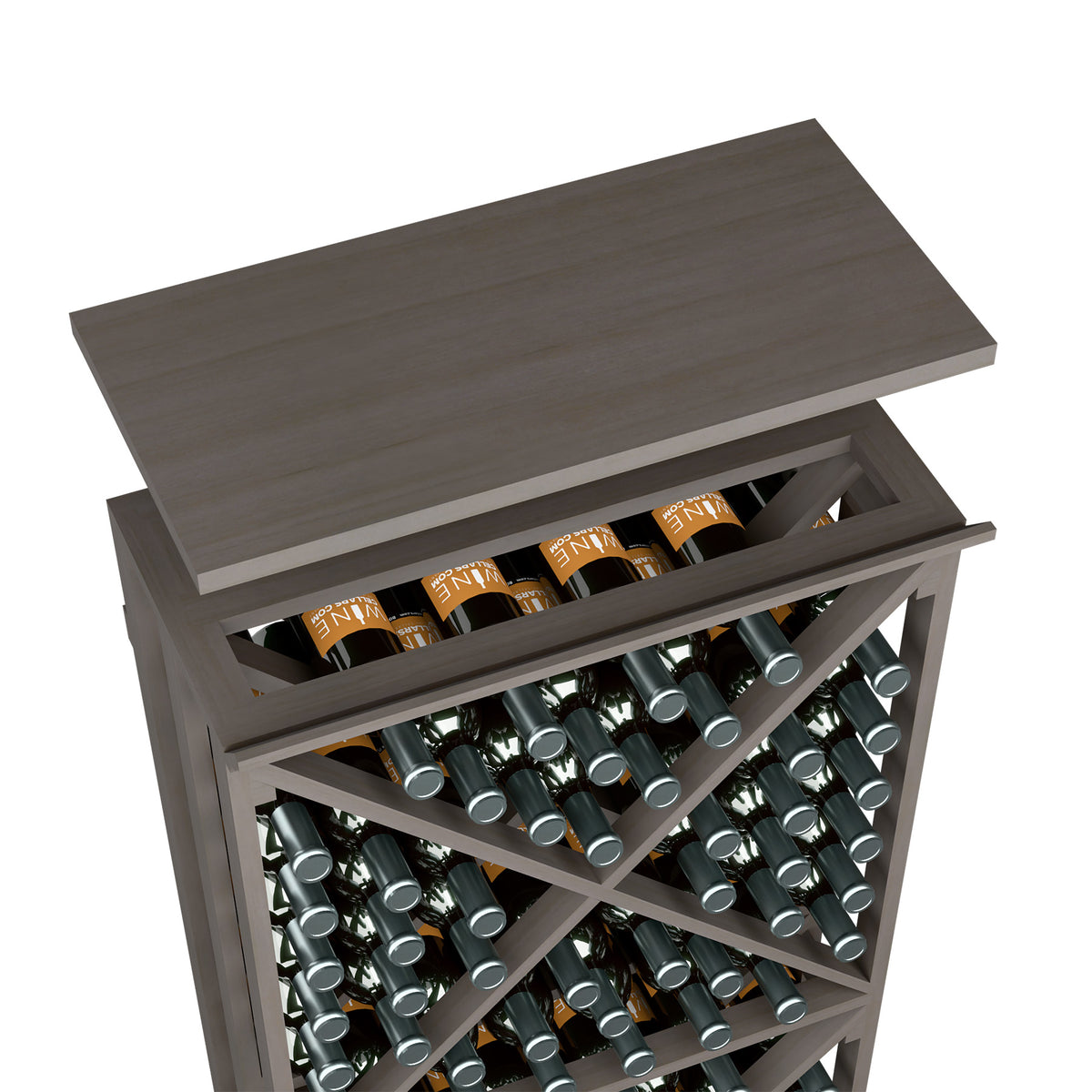 Wine rack top shelf in dark gray wood with wine bottles on multi-level open shelves