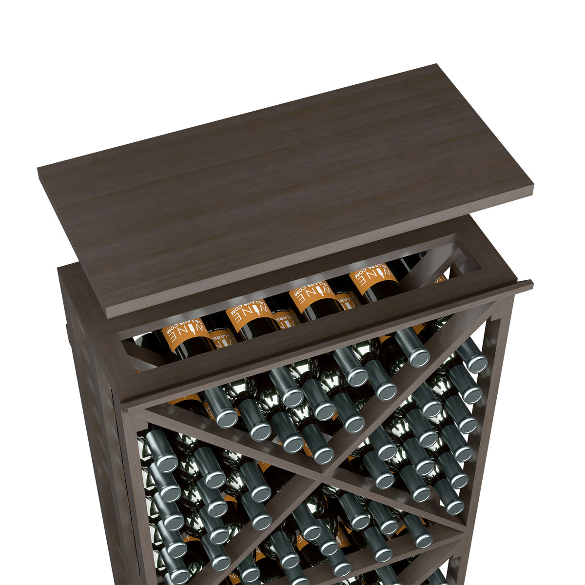 Wine rack top shelf in dark gray wood with wine bottle compartments in the rack below