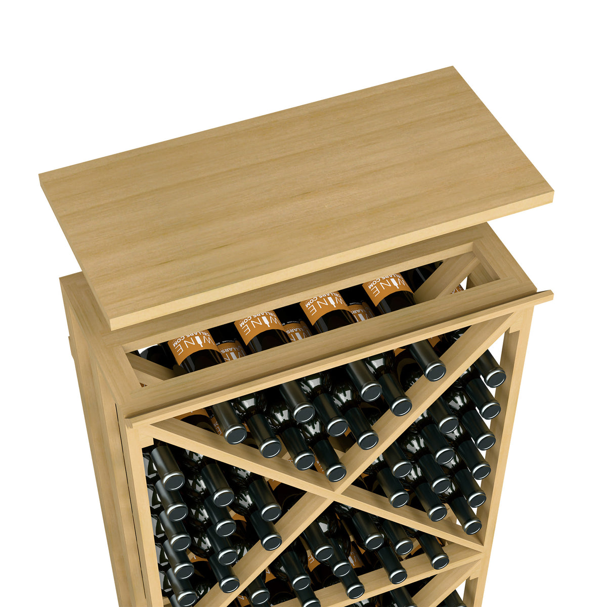 Natural wood wine bottle rack with top shelf and open crisscross bottle slots