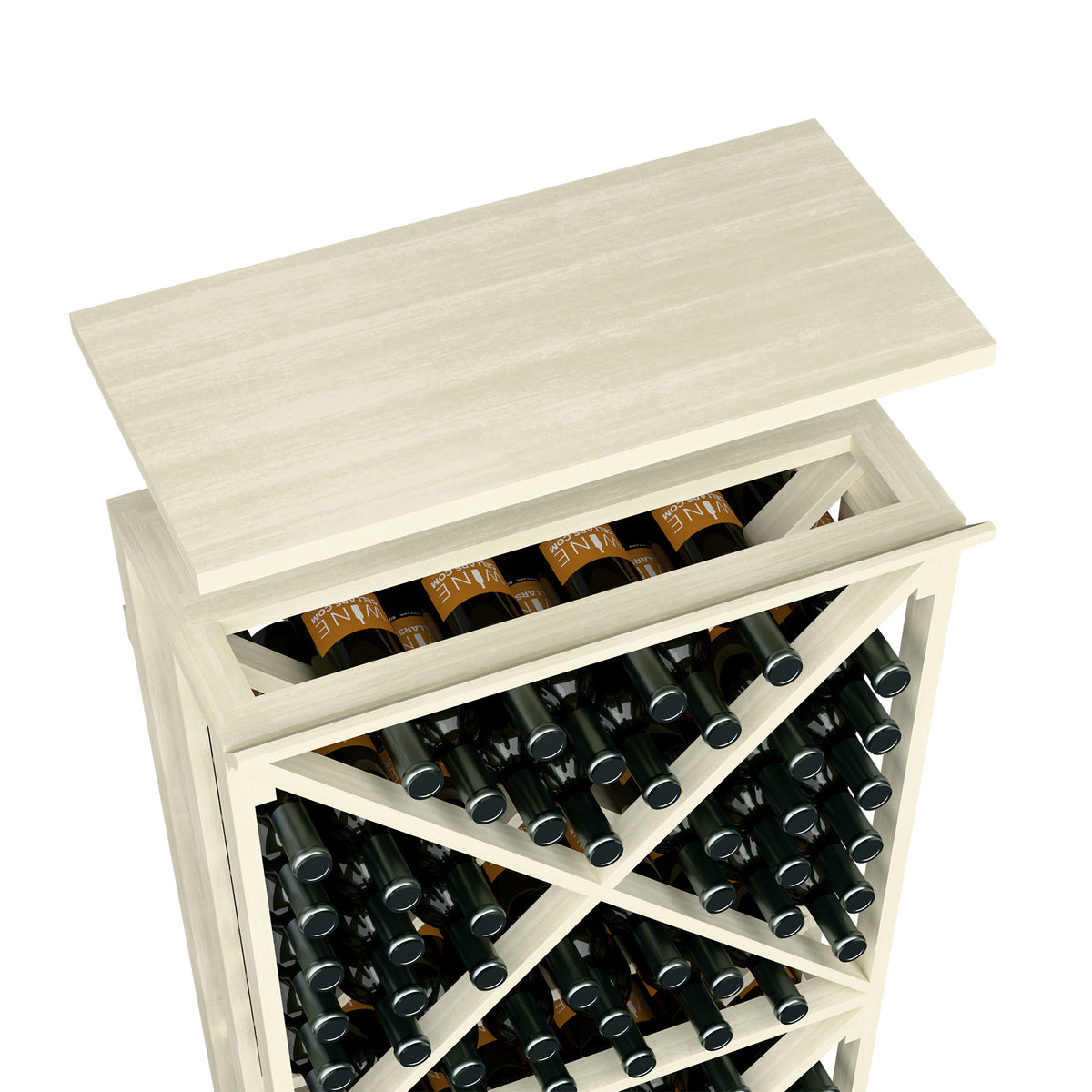 Whitewashed wood wine bottle rack with top shelf and open crisscross bottle slots